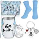 4 Pcs 60 and Fabulous Tumbler 60th Birthday Gifts for Women Inspirational 12oz Marble Stainless Steel Insulated Tumbler Sixty and Fabulous Makeup Bag Wine Sign Keychain Socks, 60th