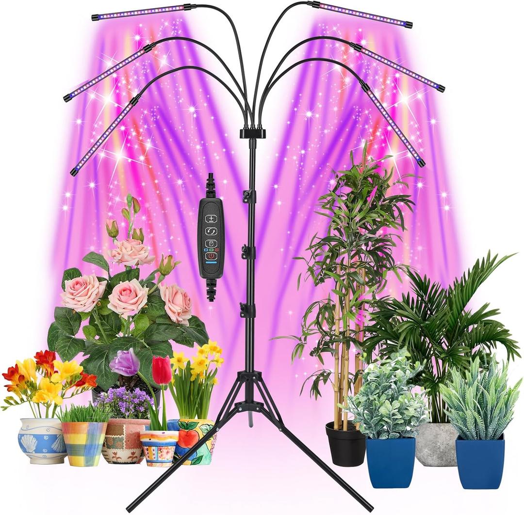 Mefflypee Grow Lights for Indoor Plants, LED Grow Light Stand, Red Blue Yellow Full Spectrum Plant Lamp with Adjustable Tripod, Color Changing Dimmable Vegetative Lamp with Auto On Off Timer (Type A)