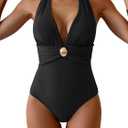 Aidonger Women's One Piece Swimsuit Sexy Halter V Neck Bathing Suit Tummy Control Ruched Metal Swim Suit, XL