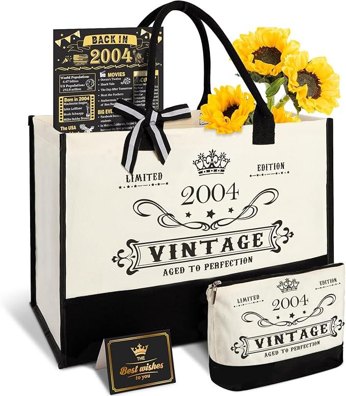 YeohJoy 22nd Birthday Gifts for Women Canvas Tote Bag Travel Gear, Unique 22nd Years Old Gifts for Mom Grandma Aunt Wife Sister Friends Her, Vintage 2004 Handbag & Makeup Bag & 22nd Birthday Card