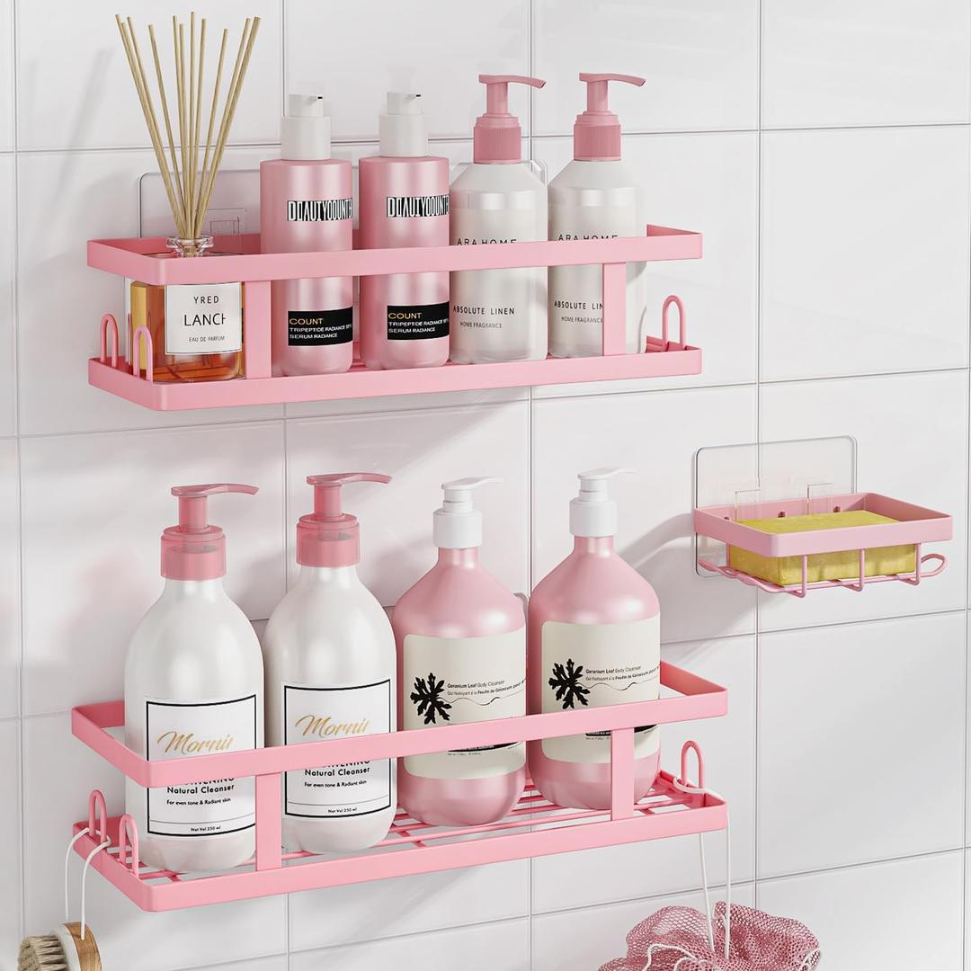 Youvip Adhesive Shower Caddy, Shower Shelves with Soap Holder and 12 Hooks,No Drilling Bathroom Organizer and Storage, Pink,3 Pack