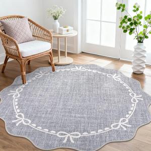GarveeHome Scalloped Bow Rug for Living Room, 6ft Round Rugs Washable Solid Grey Rug for Dorm Soft Low Pile Non Slip Scalloped Rugs for Nursery Bedroom Decor Hallway Kids Room Playroom
