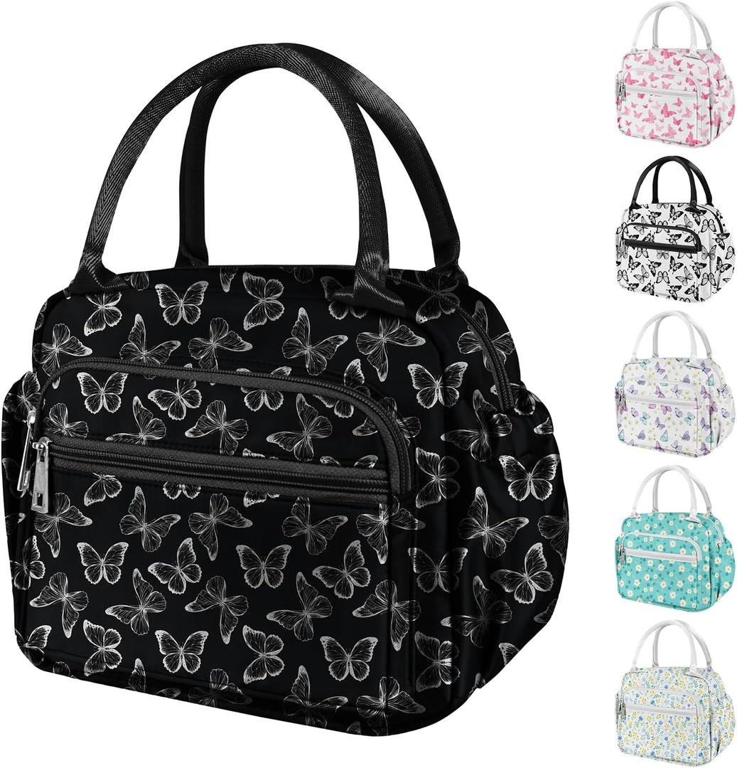Lunch Bag Women Stylish Quilted Lunch Boxes for Adult Fit and Fresh Cooler Insulated Lunchbox for Work Cute Large 11 Liters Compact Lunchbag Waterproof (white butterfly)