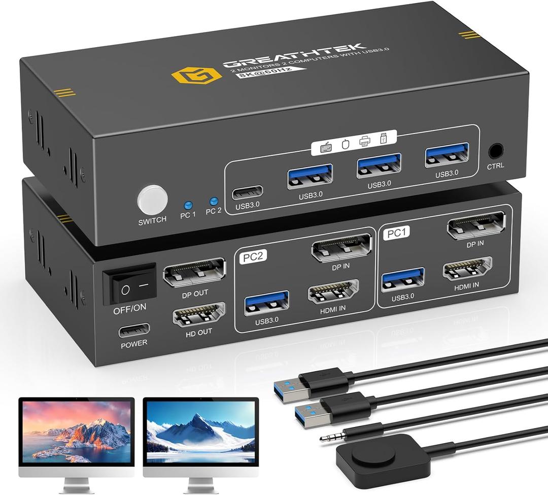 8K HDMI+Displayport KVM Switch 2 Monitors 2 Computers,8K@60HZ Dual Monitors KVM Switches for 2 PC/Laptops Share Mouse Keyboard and 2 Screens,3 USB3.0 Ports, Wired Controller Included, EDID Adapative