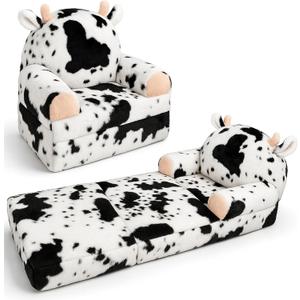 QIUODO Toddler Chair with Faux Rabbit Fur 2-in-1 Foldable Kids Couch, Soft Sofa for Reading, Bedroom or Playroom Use, Ages 1-3Cow