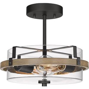 EAPUDUN Farmhouse Ceiling Light, Wooden Semi Flush Mount Ceiling Light Fixtures with Clear Glass Shade, Retro 2-Light Ceiling Lamp for Hallway Entryway Bedroom Kitchen Dining Room SMA1444-FBDT
