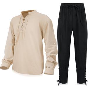 Ramede 2 Pcs Halloween Men's Renaissance Costume Set 2025 Medieval Retro Knight Pirate Shirts with Pants Cosplay Pirate (Medium)