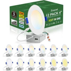 zouzai 12 Pack 4 Inch 5CCT Ultra-Thin LED Recessed Ceiling Light with Junction Box, 2700K/3000K/3500K/4000K/5000K Selectable, 9W Eqv 80W, Dimmable, led can Lights - ETL and Energy Star Certified