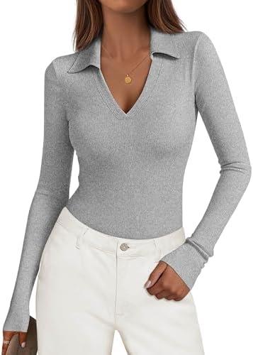 KIRUNDO Polo Shirts for Women Long Sleeve | Business Casual Tops, Ribbed Knit, Collared V Neck, Slim Fit, Office Work Blouses, 2026 Fall Fashion Clothing Size L