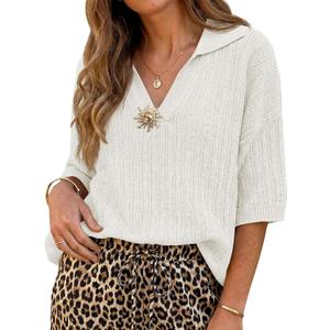 Saodimallsu Womens 3/4 Sleeve Sweater Polo V Neck Collared Loose Ribbed Knit 2026 Summer Trendy Casual Tops (White)