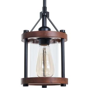 Farmhouse Pendant Light in Wood and Metal Cage, Rustic Brown Wood Pendant Light with Glass, Adjustable Hanging Light Fixtures, Mini Pendant Lighting for Kitchen Island, Hallway, Foyer, 1 Pack