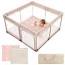 Joypony Baby Playpen with Mat, 50x50 in Small Play Pen for Babies, Toddler Playpen for Apartment, Indoors Play Yard with Soft Breathable Mesh (Beige with Mat)