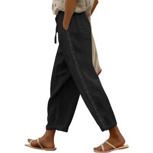 Puimentiua Women Linen Pants Lightweight Pants with Lace Side Summer Casual Beach Drawstring Elastic Waist Trousers (Black, L)