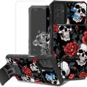 For Samsung Galaxy A13 5G/4G Phone Case with Screen Protector with Slide Camera Cover & Kickstand Dual Layer Hybrid Heavy Duty Shockproof Phone Case for Galaxy A13 5G/4G,Red Skulls Roses