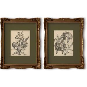 Flower Sketch Wall Art Sage Green Floral Canvas Poster Vintage Botanical Wall Decor Peony Flower Prints Dark Green Pictures Antique Floral Drawing Painting for Bedroom Living Room 12x16 Inch Unframed