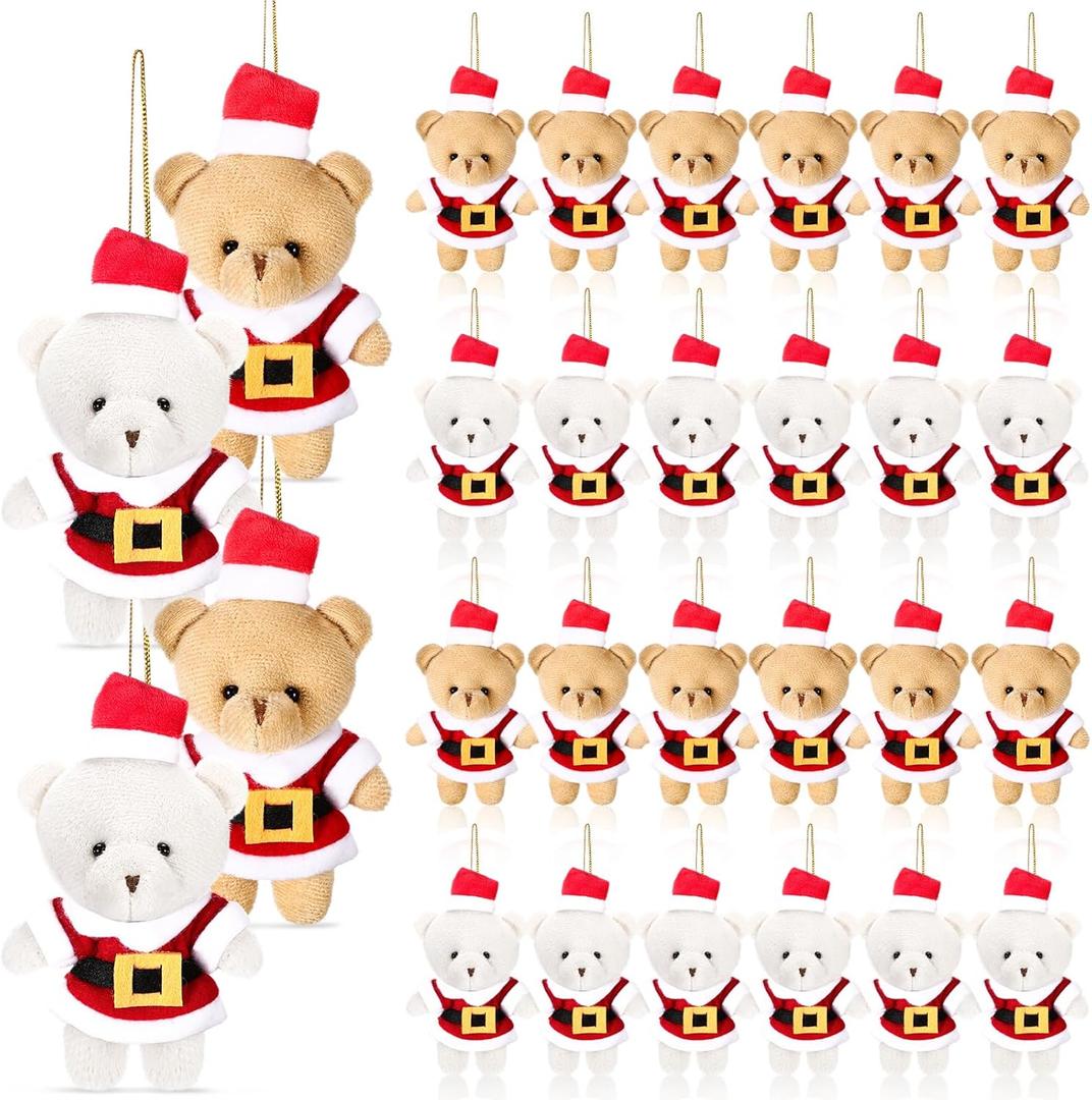 Hiboom 24 Pcs 4.7'' Christmas Bear Stuffed Animal Mini Christmas Plush Bear Soft Doll Toy Gift with Hat for XmasTree Ornaments Stocking Stuffers Xmas Party Favor (Santa Style)