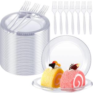 Hushee 400 Pcs 6 Inch Plastic Dessert Plates with Forks for Cake Appetizer, 300 Disposable Plates and 300 Plastic Forks for Wedding Birthday Party Event Bulk (Clear)
