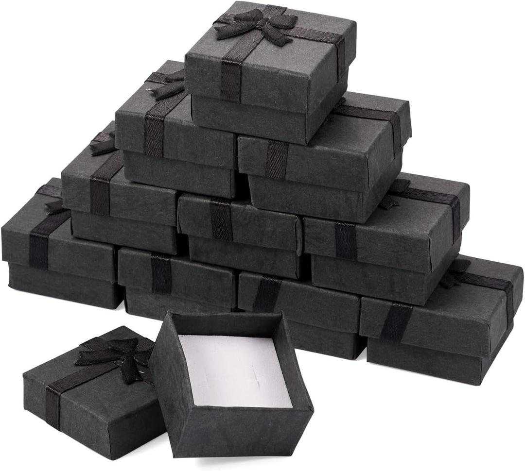Cheriswelry 12Pcs Black Ring Gift Box with Bow 1.67"x 1.63" Square Paper Box for Anniversary Weddings Valentines Christmas Birthdays Engagement