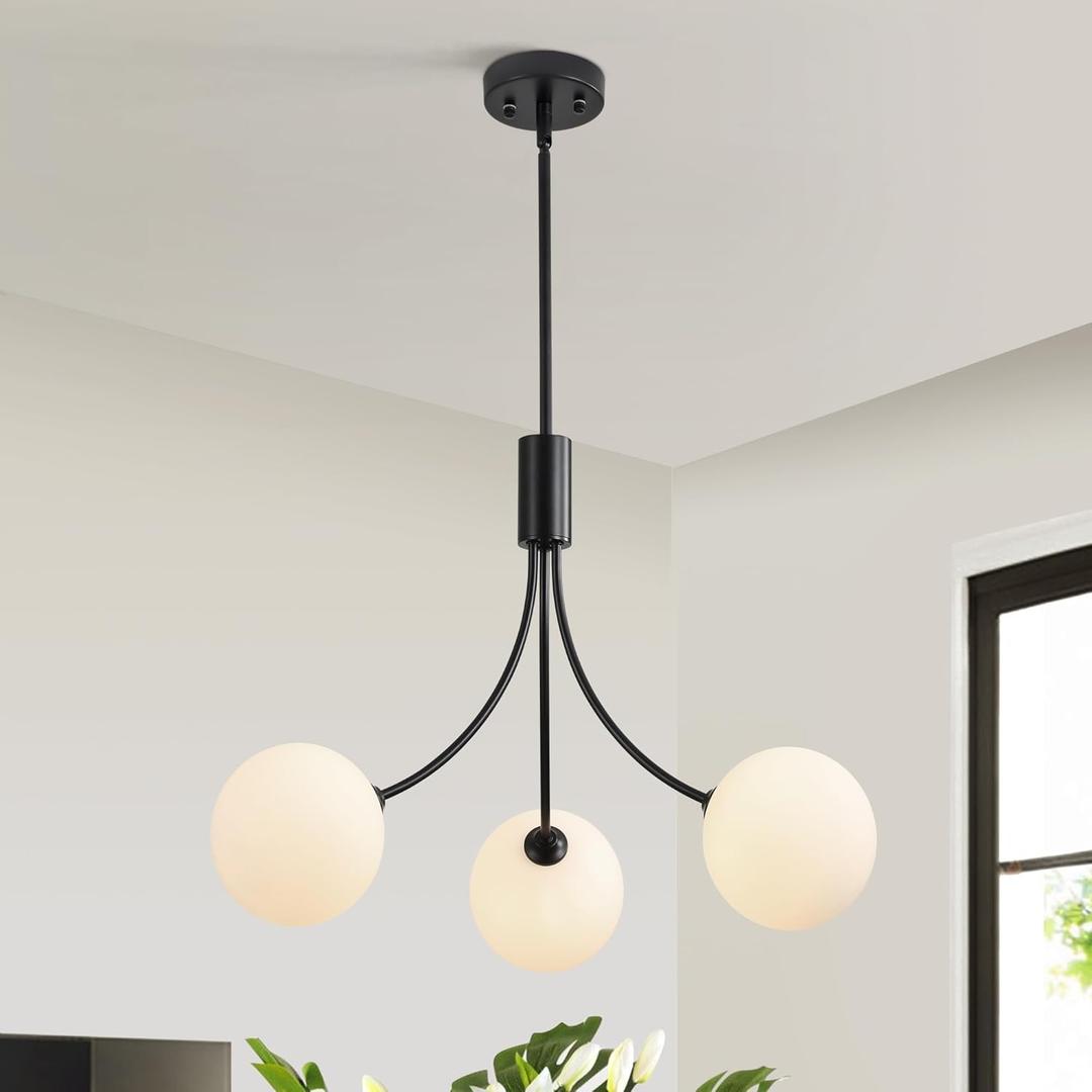 Modern Black Chandelier 3-Light Sputnik Globe Glass Ceiling Light Fixture, Mid Century Vintage Pendant Light for Dining Room, Adjustable Hanging Farmhouse Cpphandelier for Kitchen, Office, Entryway