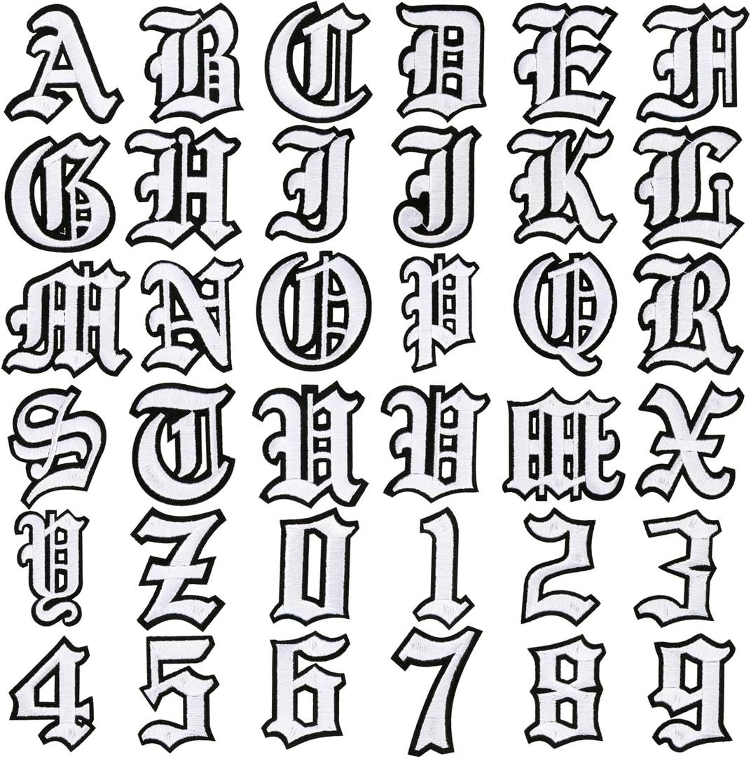 DREMISI Gothic Iron On Letters for Clothing A-Z 26 Varsity Letter Patches Old English Letters 0-9 Iron on Numbers for Clothing Number Badge Goth Iron On Patches Fabric Patches for Jeans Bags, Silver