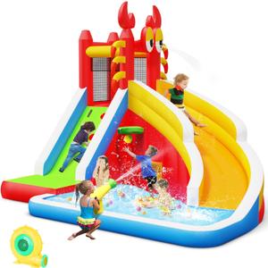 Step4Fun Inflatable Water Slide,Big Bounce House for Kids with Splash Pool,Climbing Wall,Basketball Hoop,Water Gun for Backyard Indoor and Outdoor Party,Included Air Blower,Repair Kit,Carrying Bag