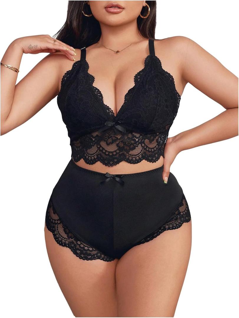 MakeMeChic Women's Plus Size 2 Piece Lingerie Set Floral Lace Knot Cut Out Scallop Trim Bra and Panty Sets (3X-Large, Black)