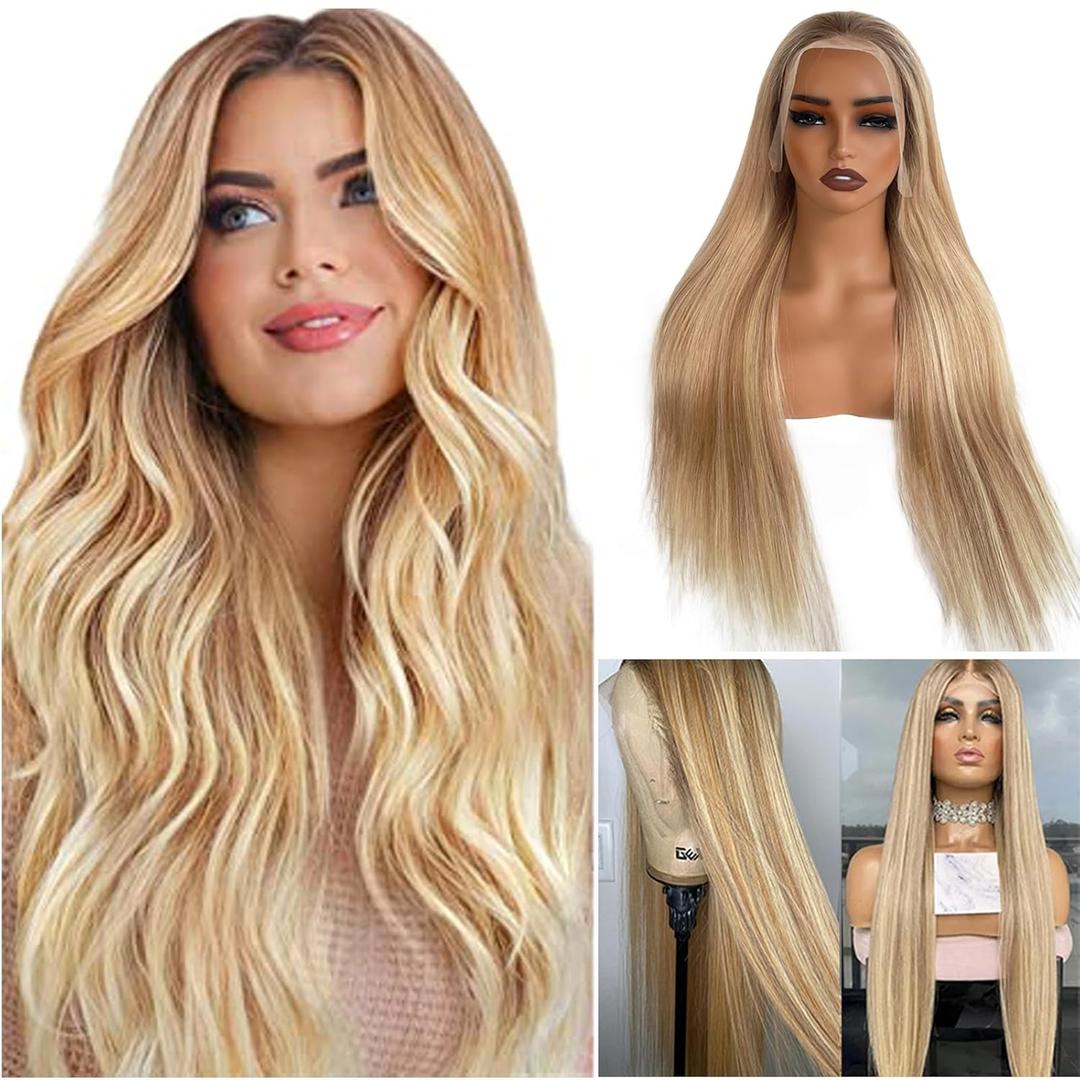 Highlights 13x4 Transparent Blonde Lace Wig Human Hair 4/12/613 Mixed Color Ombre Mediun to Brown with Honey Blonde Highlight Lace Front Human Hair Wigs Pre Plucked with Bleached Knots for White Women (20 Inch)