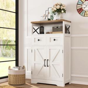 Farmhouse White Storage Cabinet with Doors and Drawers, Freestanding Kitchen Pantry Cabinet, Floor Storage Cabinet Hutch Cupboard for Kitchen/Laundry/Living Room/Bedroom (42.5"H)