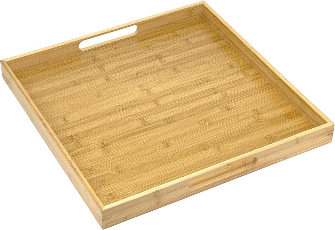 Bam & Boo 20" x 20" x 2" Square Natural Bamboo Ottoman Tray with Handles, Bamboo
