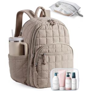 BAGSMART College Laptop Backpack, Travel Backpack for Women, Quilted Airline Approved Carry On Backpack Fits 17.3 Inch Laptop, Personal Item Travel Bag, Camel