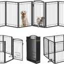 Metal Free Standing Dog Gate with Cat Door for Indoor/Outdoor,160" Extra Wide Foldable Pet Gate,32" Tall Foldable Indoor Dog Fence for Large Openings Stairs,Deck,Yard,Doorways(8 Panels,Black)