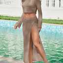 Saodimallsu Womens Crochet Beach Cover Ups Set 2 Piece 2026 Boat Neck Crop Long Sleeve Tops High Slit Maxi Skirt Sets (M)
