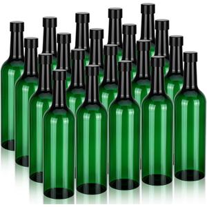 20 Pack 750 ml Green Empty Wine Bottles with Caps Bulk Plastic Champagne Wine Bottle Bordeaux-style Long Neck Liquor Coquito Bottles with Screw and Seals for Drinking