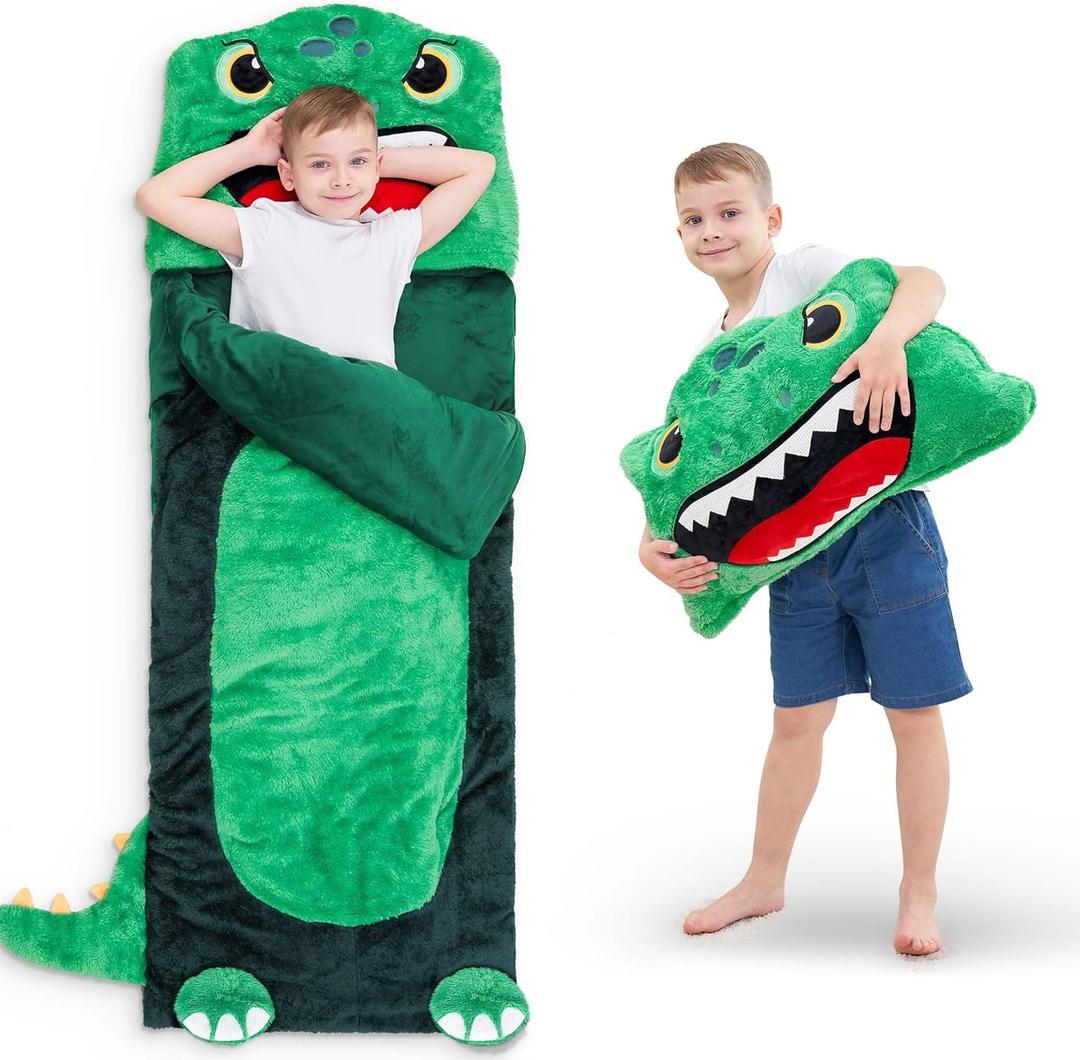 iPlay, iLearn Kids Dinosaur Sleeping Bag, Toddler Boys Dinos Nap Mat, Plush Animal Slumber Bag, 2 In 1 Daycare Preschool Kindergarten Birthday Gift Travel Sleepover for 3 4 5 6 7 8 10 12 Yr Child Teen, Large