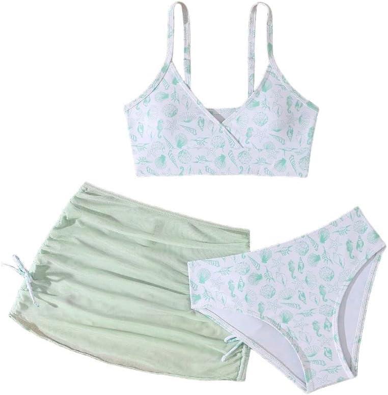 QJQ Girl's 3 Piece Floral Swimsuit Cute V Neck Bikini Set High Waisted Bathing Suit Sheer Mesh Cover Up Skirt (Green 1, 8 Years)