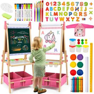 Kids Easel Including 100+ Accessories, Dual-Sided Wooden Easel for Kids Girls Age 3-12 with Magnetic Chalk & Painting Board, Free Height Adjustable Art Easel Supplies for Toddlers (Pink), 7"D x 22"W x 50"H