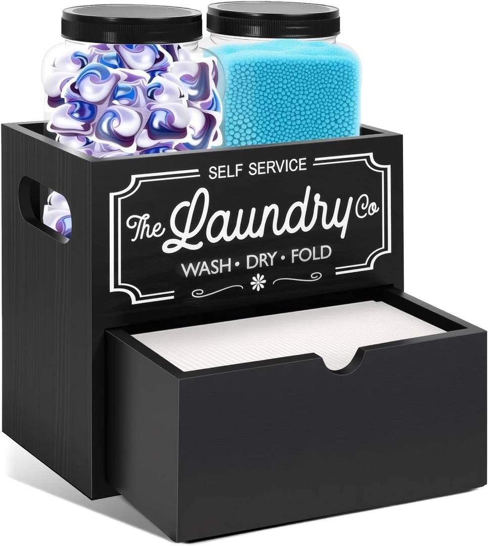 Laundry Pods Container, 7.8 x 5.1 x 6.7 Inches Wooden Dryer Sheet Container, Rustic Containers Storage Box, 2-Tier Storage Box with Drawer for Dryer Sheets and Pods (Black)
