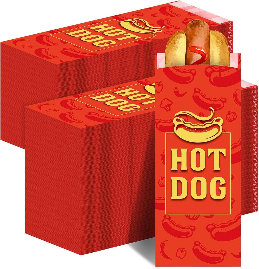 Eaasty 500 Pack 500 Pack Paper Hot Dog Wrappers Bulk, 9'' Red Hot Bag Sleeves, Insulated Grease Resistant Disposable Paper for Popcorn Sausages Carnival Themed Party, Food Cart, Concession Standard