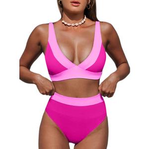 Hilinker Women's Leopard Bikini Swimsuits V Neck High Waisted 2 Piece Bathing Suits (Pink Colorblock, S)