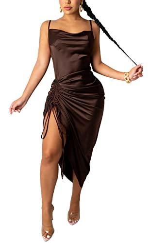 WUSENST Women's Spaghetti Strap Satin Dress Sexy Backless Drawstring Ruched Split Hem Cocktail Evening Party, M, Coffee WUSENST Women's Spaghetti Strap Satin Dress Sexy Backless Drawstring Ruched Split Hem Cocktail Evening Party, M, Coffee