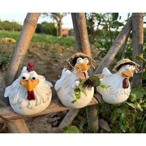 Teaeeno Chicken Fence Decor Statues,Funny Farm Sculpture Chicken Decorations,3 Chickens a Set,Resin Chicken Figurines,Cute Animal Outdoor Sculpture for Home Garden Stairs,Farm,Patio,Backyard (Ivory)