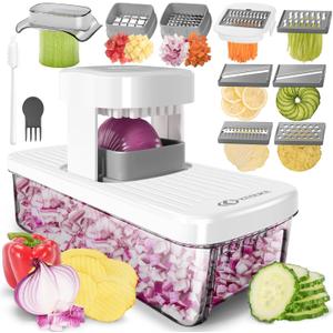 KEOUKE 8-in-1 Vertical Vegetable Chopper Mandoline Slicer with Container White - Safe Tap Out Dicer with Hand Guard for Kitchen Easy Food Prep, Onion Potato Veggie Fruit