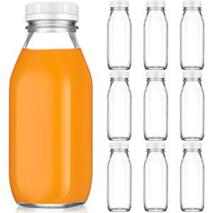 Suclain 10 Pcs 16 oz Glass Juice Bottle with Lids, Clear Reusable Milk Container for Refrigerator, Airtight Heavy Duty Dispenser Drinking Jar for Beverage, Oat, Honey Storage Supply