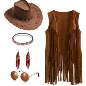 SUOLA 60s 70s Western Cowgirl Outfits Set Hippie Costume Fringe Vest with Hat Sunglasses Earring Headband for Women Halloween (Brown, L)