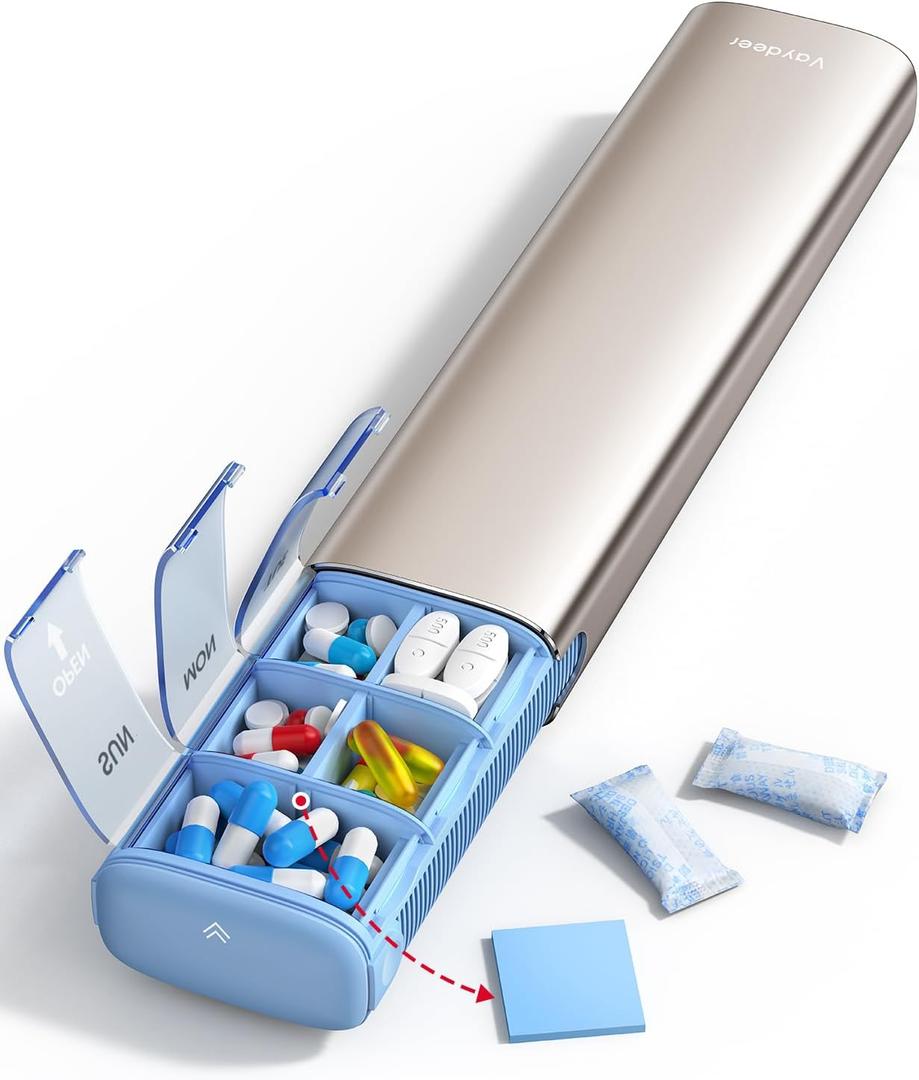 VAYDEER Metal Weekly Pill Organizer  Moisture-Proof Travel Pill Organizer with Built-in Desiccant Chamber and Airtight Lids  Large-Capacity Pill Box for Vitamins, Medicines & Supplements (Champagne)