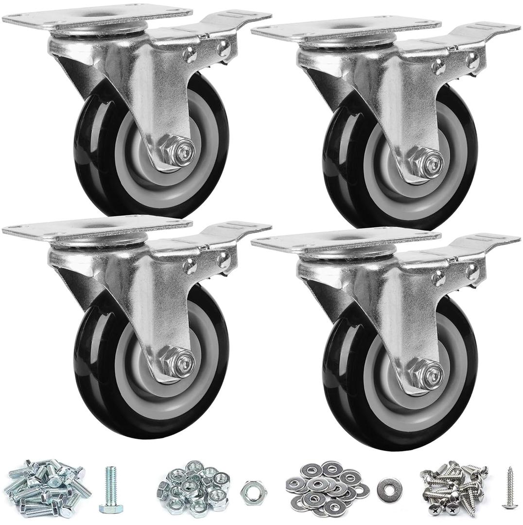 Finnhomy 4 Caster Wheels Set of 4 with Brake Heavy Duty Plate Swivel Casters Premium Polyurethane PU Wheels Load Bearing 2,600 Lbs Lockable Anti-wear Smooth Casters for Workbench Black (Free Screws)