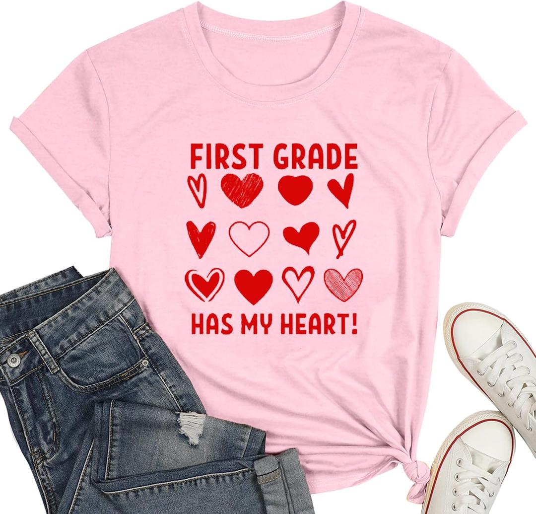 Teacher Shirts for Women-Hello Kindergarten Teacher Short Sleeves Teaching Life Shirt Rainbow Heart Tee Tops (Pink, XL)