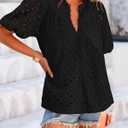 BTFBM Womens Blouses Summer Hollow Out Eyelet Embroidery Tops V Neck Buttons Puff Sleeve Boho Shirts Spring Fashion 2026 (Black, XL)