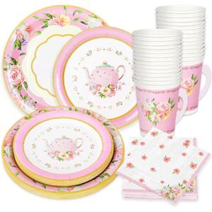Whaline Pink Tea Party Tableware Supplies Serves 24 Pink Floral Tea Party Disposable Paper Dinnerware, 24 9" Plates 24 7" Saucer Plate 24 9oz Tea Cups with Handle 48 Luncheon Napkins