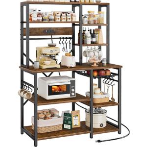 SUPERJARE Large Bakers Rack with Power Outlets, 6-Tier Microwave Stand, Coffee Bar with 12 S-Shaped Hooks, Kitchen Shelf with Wire Basket, 39.4 x 14.6 x 66.9 Inches, Rustic Brown